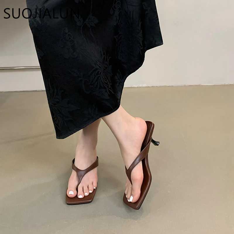 SUOJIALUN 2024 Summer New Women Slipper Fashion Narrow Band Ladies Thin High Heel Outdoor Dress Sandal Elegant Dress Flip Flops K260312
