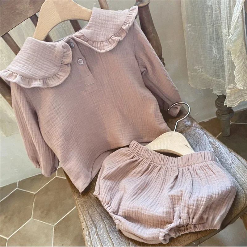 2pcs born Baby Girls Clothes Organic Cotton Ruffled Collar Lapel Long Sleeve Shirt Top Bread Pants Korean Casual Clothing 260311