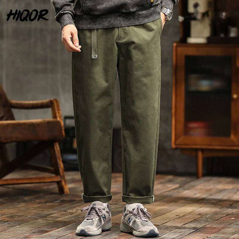 HIQOR High Quality Man Retro Cargo Pants Cotton Men's Casual Loose Fit Slimming Japanese Outdoor Workwear Khaki Long Trousers