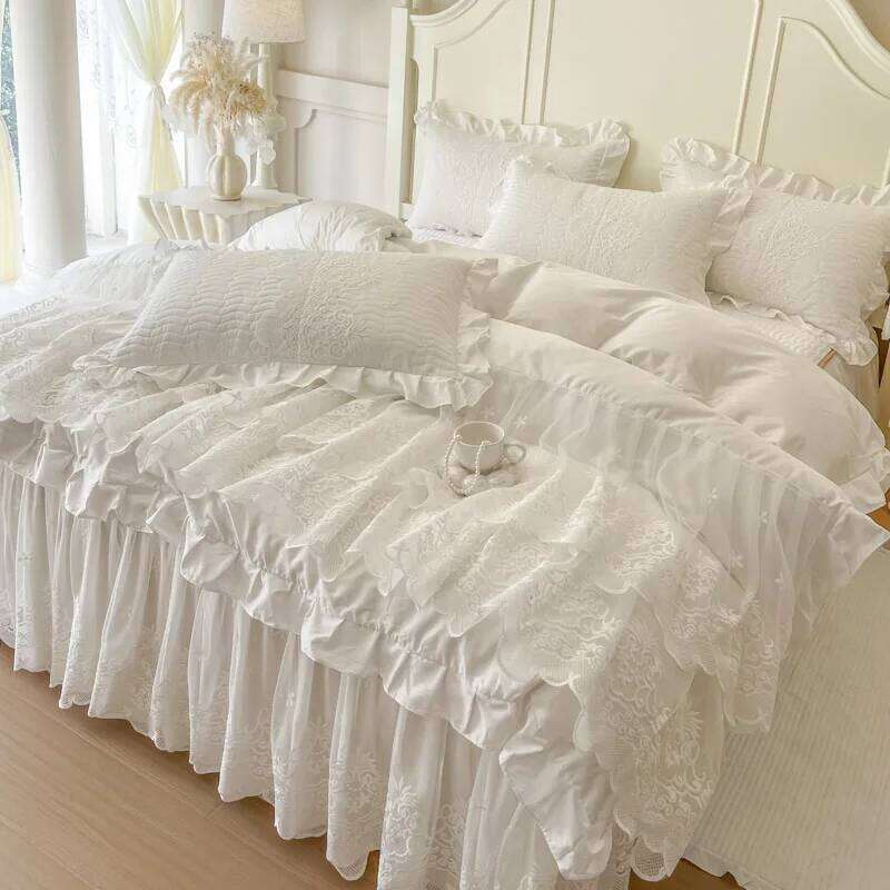 4/6Pcs Princess Wedding Bedding Set 600TC Egyptian Cotton Double Layer Lace Ruffles Duvet Cover Bed Skirt Bedspread Pillowcases H260312