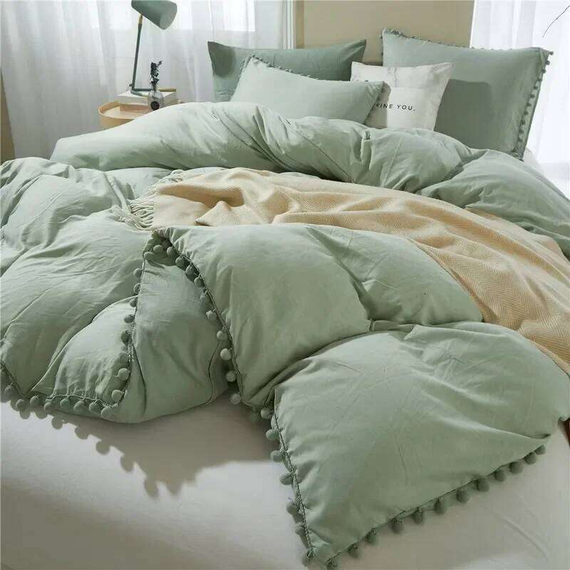 Solid Color Soft Washed Duvet Cover 3 Pieces Pillowcase Bedding Set for Twin Full Queen King Size Cute Pom-pom Decoration H260312