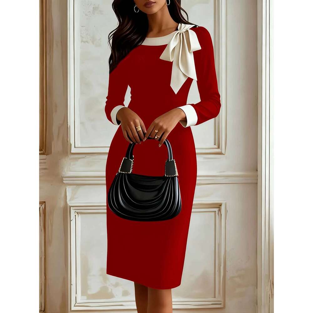 Women's Autumn Professional Elegance Bow Tie Color-blocked Career Dress Goddess Style Tailored Fit C260311