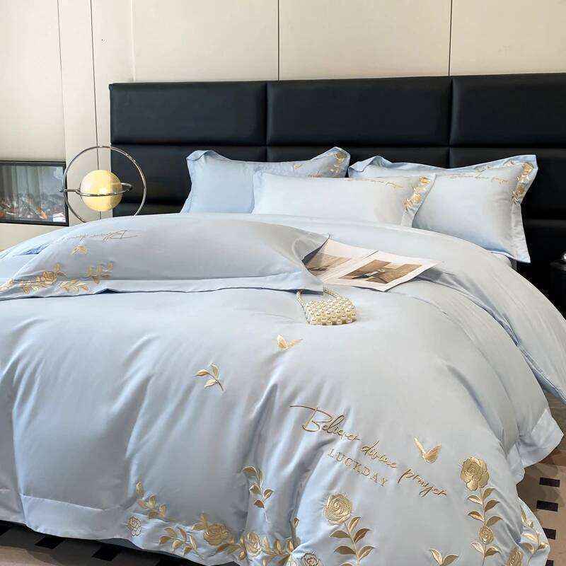Golden Flowers Sea Embroidery Bedding Set Beige Cotton Duvet Cover Flat or Fitted Bed Sheet Pillowcases Solid Color H260312
