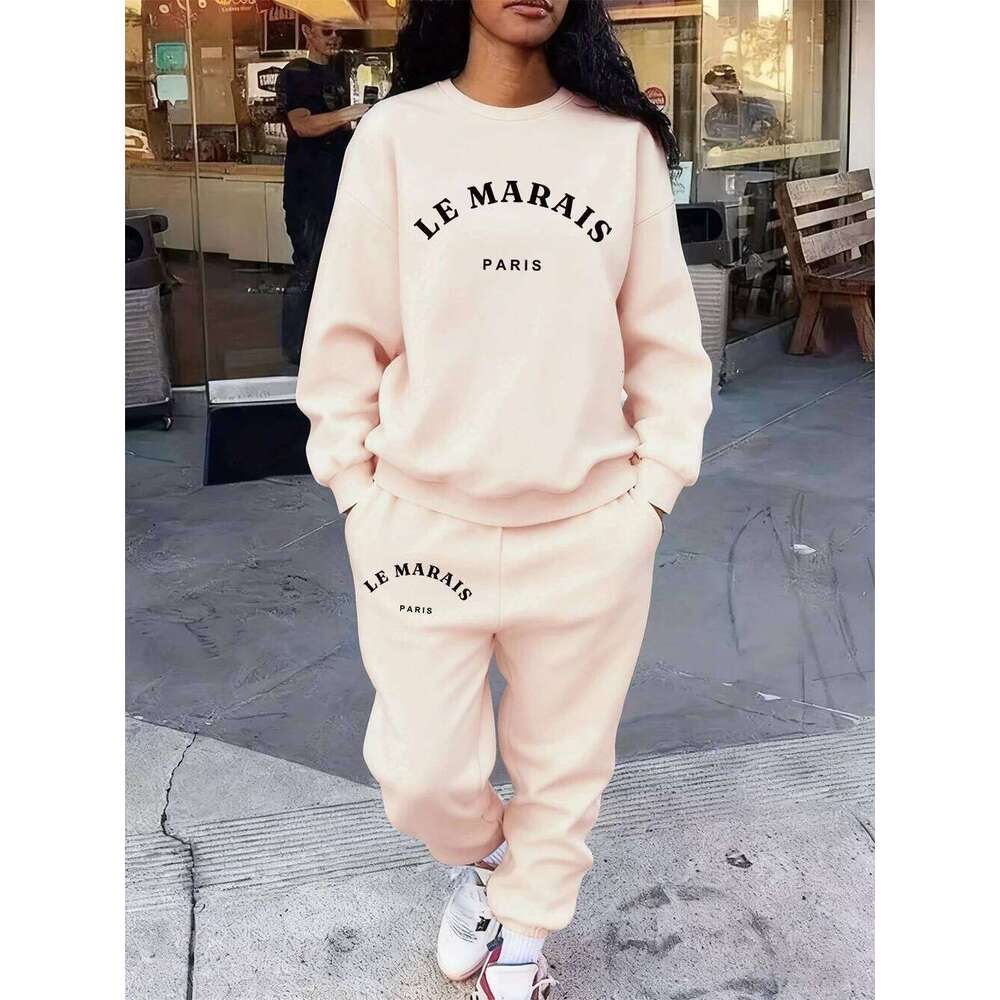 2 Pcs Hoodies Set Womens Le Marais Paris Prints Sweatpants Casual Loose Fleece Sweatshirt Jogging Outfits Winter Pocket Clothes C260312