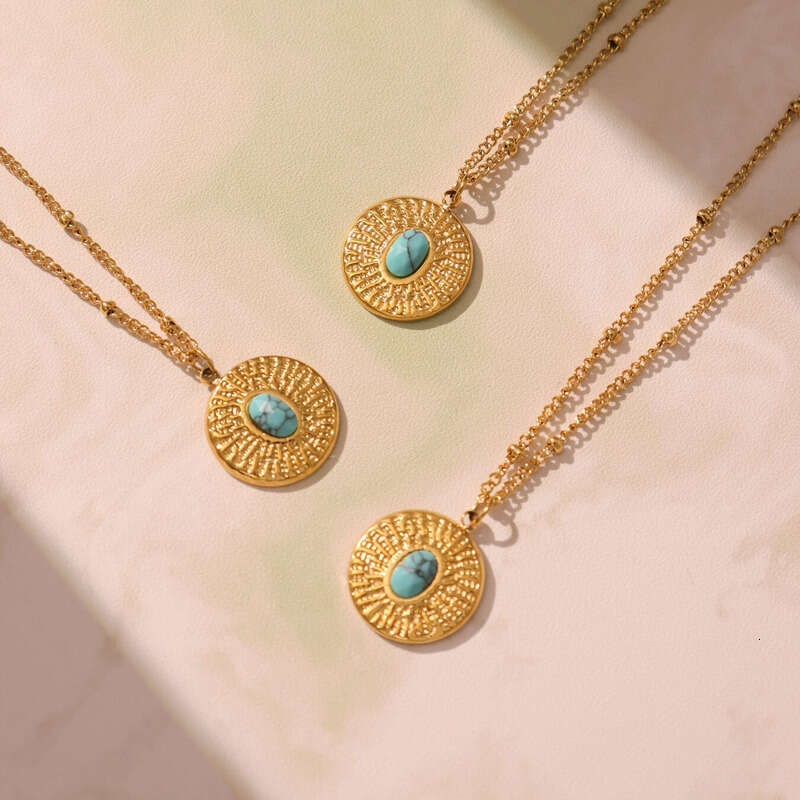 Women's Vintage Necklace: Square-shaped Ethnic Style Turquoise Pendant Necklace 18k Gold Geometric Karst Texture Round Collarbone Chain, Daily Je