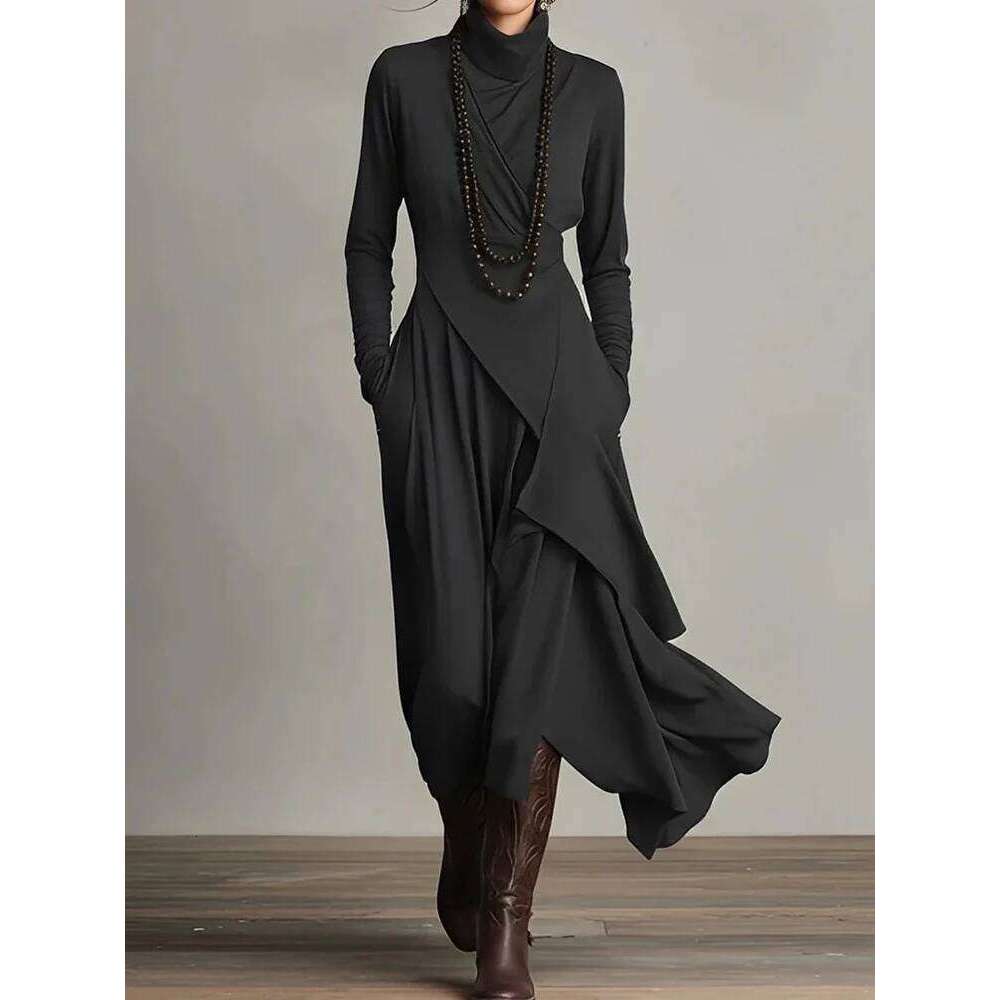Spring Autumn Long Sleeve Solid Party Women Holiday Turtleneck Simple Irregular Dress, New Fashion Patchwork Ladies Dress C260311