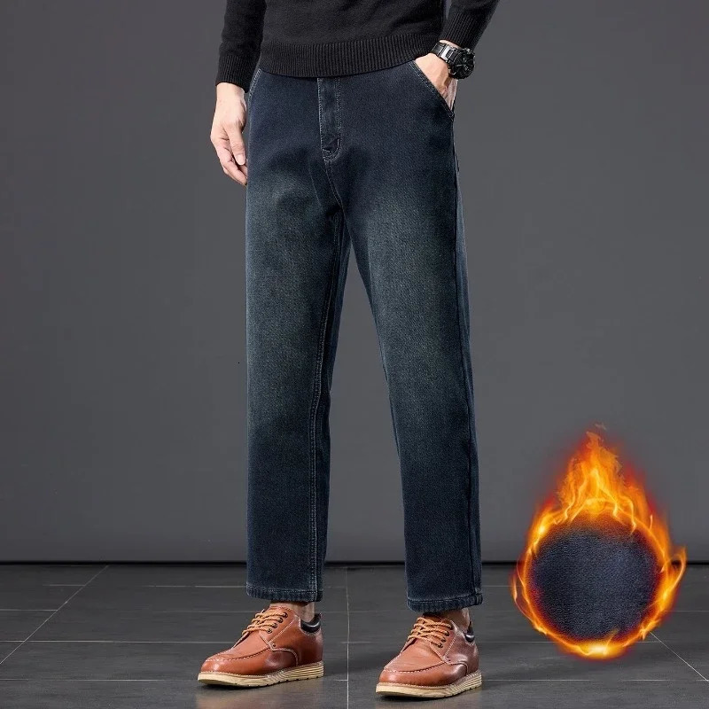 Winter Fleece Thickened Warm Mens Jeans Retro Blue Velvet Straight Leg Length Ninepoint Denim Trousers Lined Wool Pants 260228