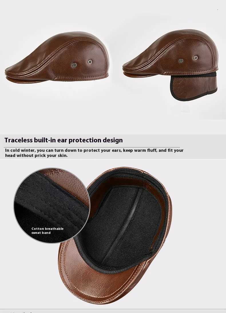 2025 Genuine Leather Beret Hat for Men Warm Windproof Winter Cap Fashion Gentleman Peaked Cap Vintage Stylish Driver Hat Gift H260312 - view 7