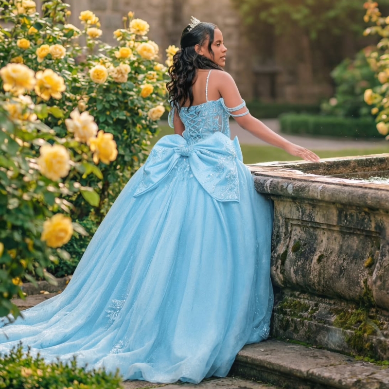 Sky Blue Shiny Ball Gown Quinceanera Dresses 2026 Applique Lace Beading Crystal Bow Tull Corset Off Shoulder Sweet 16 Dress Vestidos De 15 Anos
