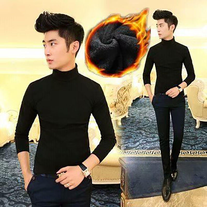 High-neck Men's Long-sleeve T-shirt With Fleece Lining Autumn Designer Hoodie And Winter New Style Casual And Warm Inner Layer For Teenagers Soli
