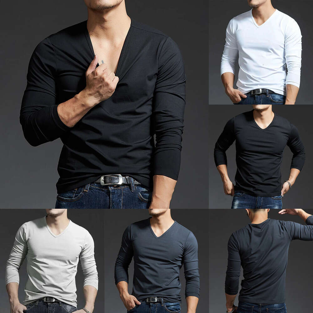 Men's T-Shirts Men's Tees & Polos Casual Mens Long Sleeves V Neck Slim T-Shirt Solid Color Activewear Tops Tee Undershirt Free shipping Men&