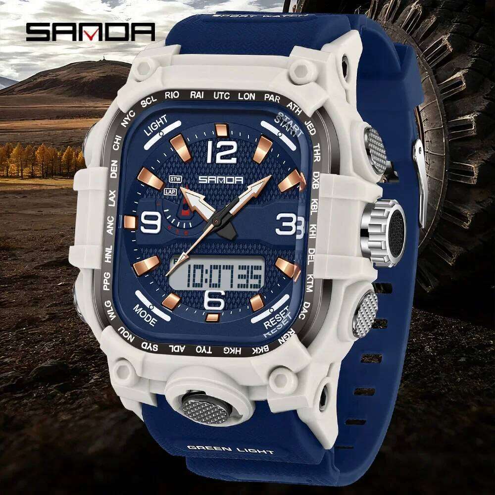 SANDA 2026 Men's Electronic Watch Multifunctional Luminous Alarm Clock Calendar Stopwatch Dual Display Digital Watches for Man