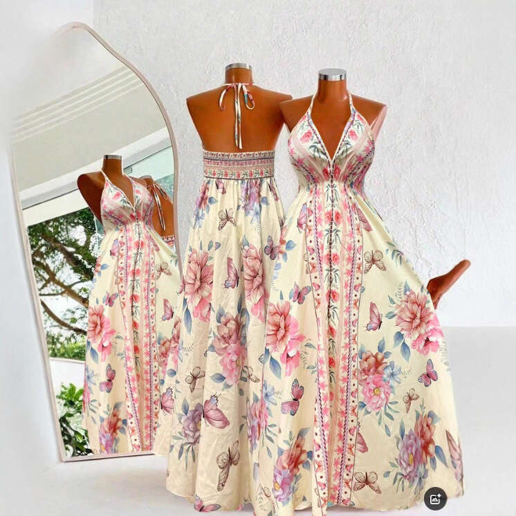 New European American women's fashion dress for commuting, with halter neck, hollow back, and patterned print, available in plus sizes