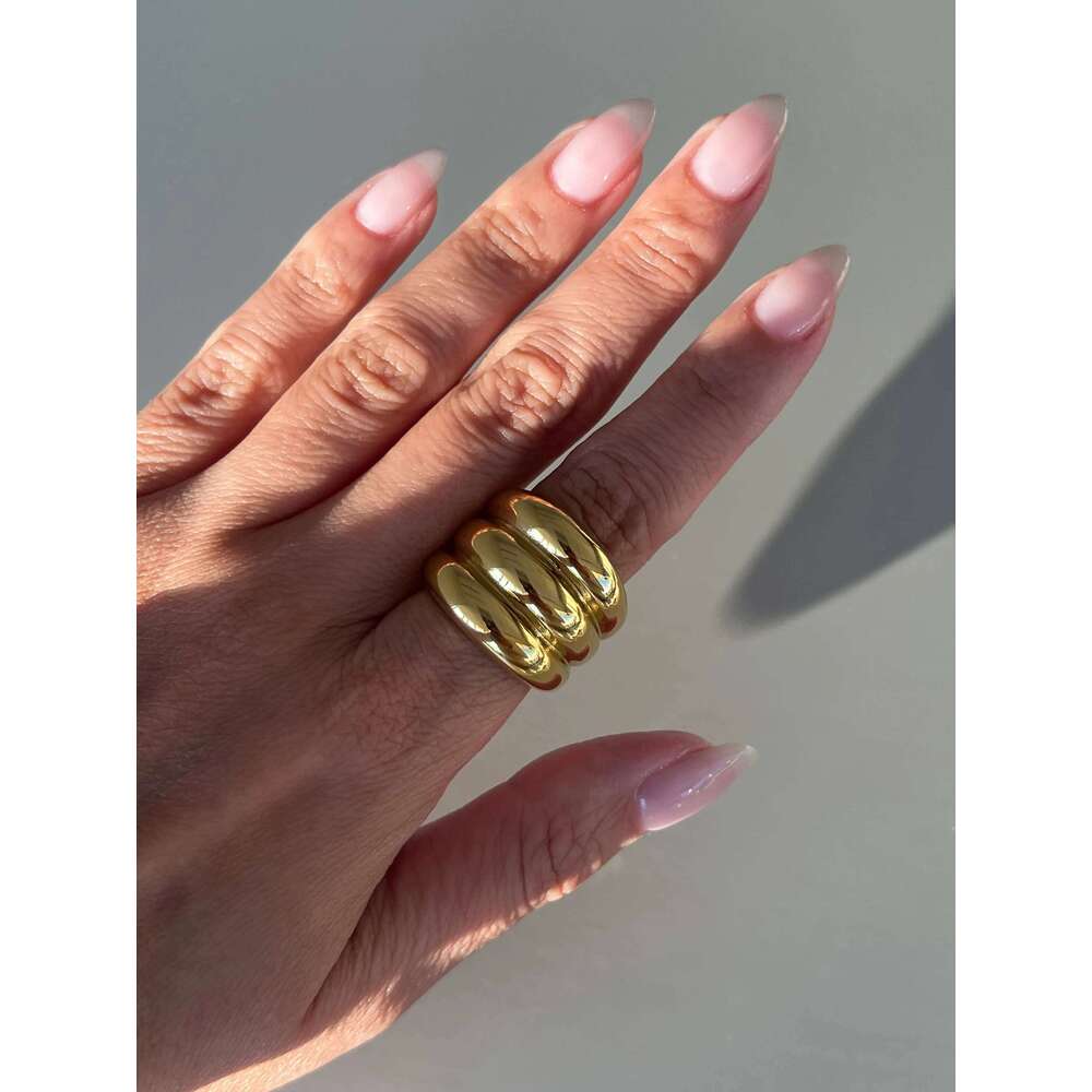 GHIDBK Free Tarnish Stainless Steel Gold Silver Splicing Color Multi-layer Chunky Dome Ring for Women Men Fashion Jewelry Party H260312