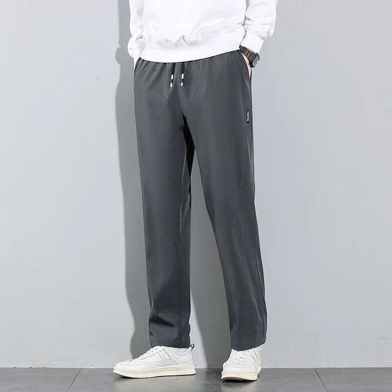 Ice Silk Men's 2025 Summer New Black Gray Thin Business Casual Pants Outdoor Elastic Breathable Straight Leg Sweatpants