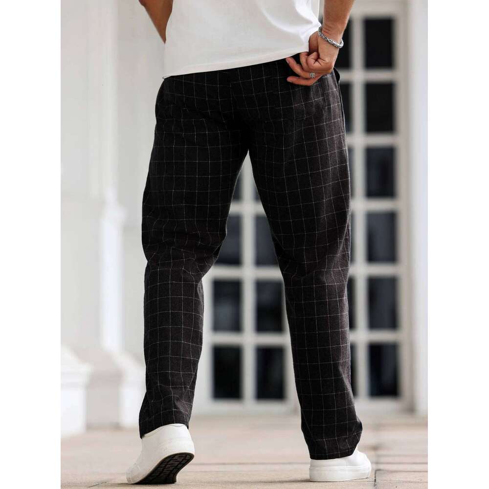 Mens Plaid Pants Solid Color Casual Straight-Leg Trousers Slim Fit Versatile Daily Home Pajamas for Travel And Holidays