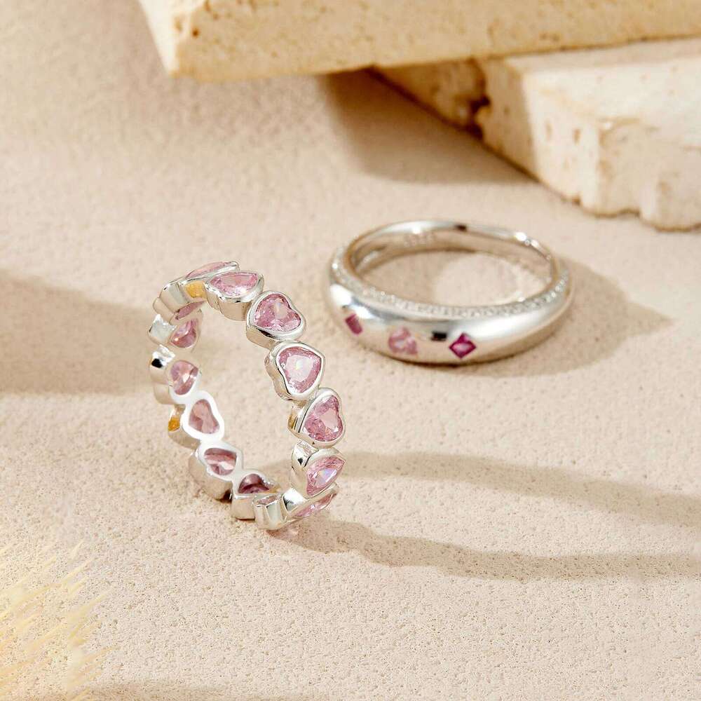 ANDYWEN 925 Sterling Silver Sweetheart Pink Zircon Ring Set Stackable Promise Rings Romantic Valentine Women Gift H260312