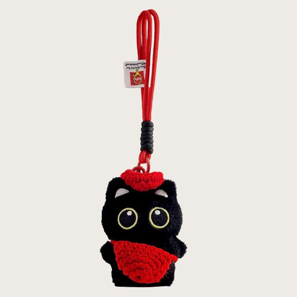 Cute and Adorable Big-Eyed Little Black Cat Plush Toy Bag Pendant Doll Keychain Couple's Birthday Gift Decoration