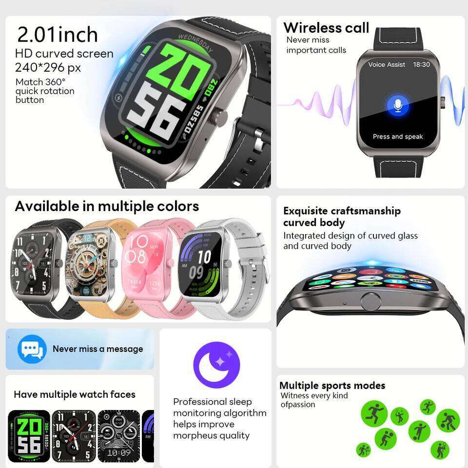 LAXASFIT Smart Watch 2.01-inch AMOLED Curved Display Bluetooth 5.4 Call Voice Assistant Fitness Sports Smartwatch Holiday gifts