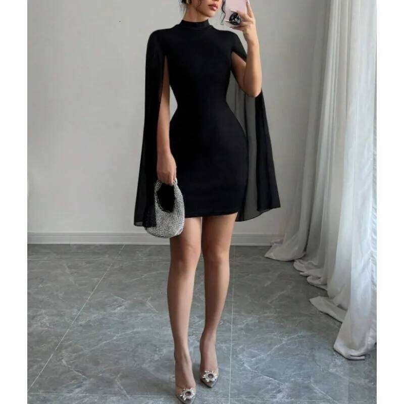2025 Black Evening Party Dresses Women's Round Neck Pit Bar Pearl Chiffon Cloak Wrapped Hip Dress for Women Vestidos Para Mujer C260312