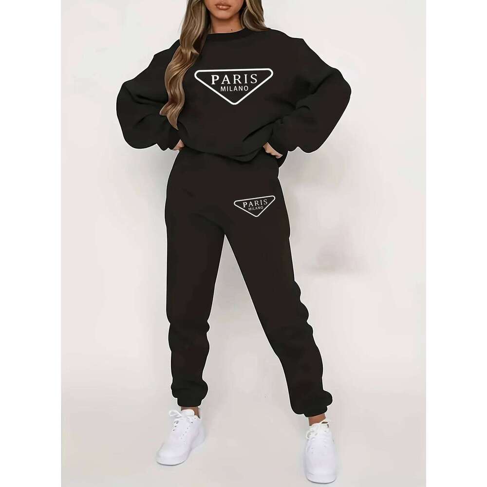 Women's autumn and winter hip-hop casual street party graphic printed round neck sports shirt+sports pants set warm clothing C260312
