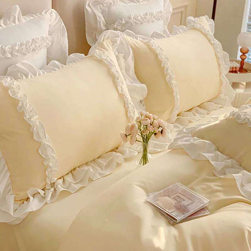 200X230Cm Korean Princess Lolita 4-Piece Solid Washed Cotton Breathable Bed Sheet Duvet Cover Bedding Set with Lace H260312