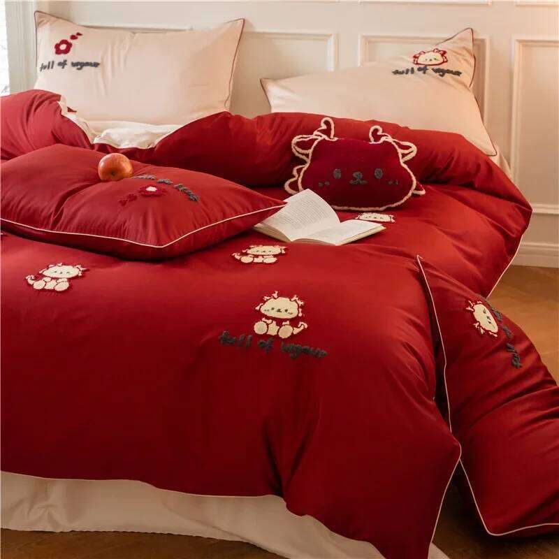 New Year Limited Long-Staple Four-Piece Set Cute Towel Embroidery Cotton Red Quilt Cover H260312