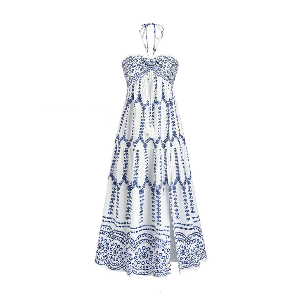 European and American Cross-Border Bohemian Women's Clothing Vacation Style Summer Fashion Slit Sexy Printed Tie Strap Tube Dress