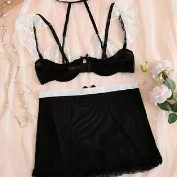 Women Pink & Black Maid Costume Set Lace Halter Bra with Apron for Cosplay, Party, or Romantic Wear