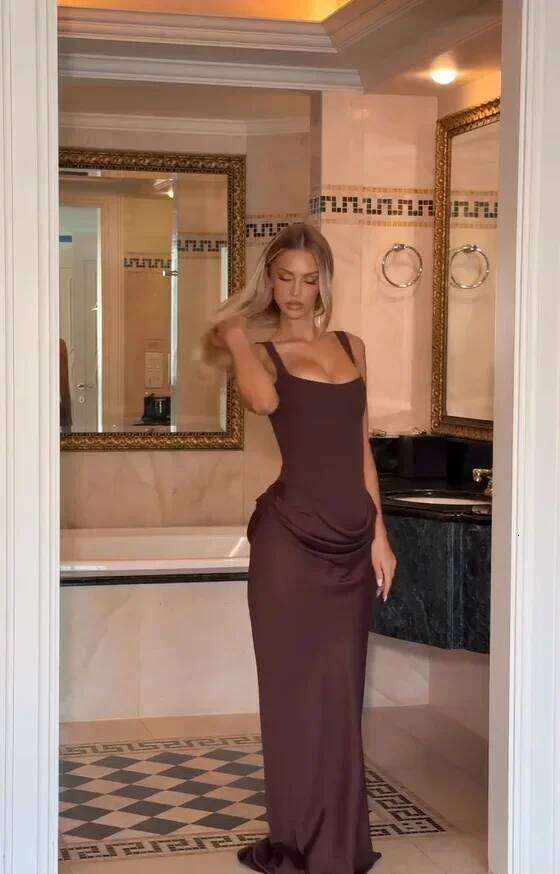 Solid Pleated Sling Dress Square Neck Sleeveless Off-shoulder Waist Cinching Slim Women Dresses Fashion Evening Party Gown 2025 C260311