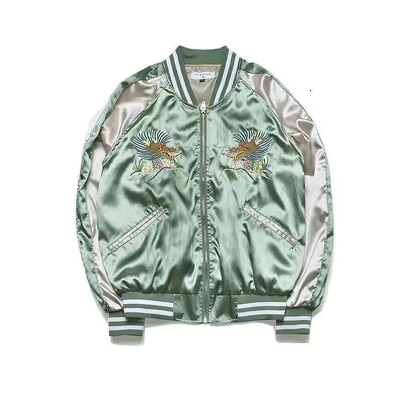 New Chinese Style Dragon Embroidery Satin Bomber Jacket Harajuku Couples Zipper Faux Silk Baseball Coat Contrast Color Outwear Tops