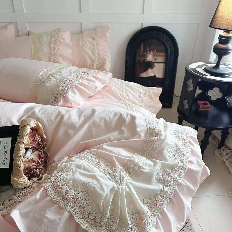 Pink Vintage Double Layer Lace Ruffles 100% Cotton Bedding Duvet Cover Set Bed Sheet/Bed Skirt/Fitted Sheet Pillowcases 4Pcs H260312