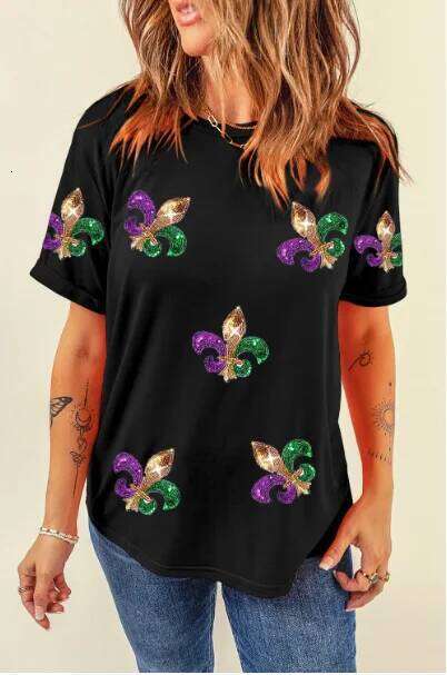 2026 Mardi Gras Sequin Letter T Shirt Holiday Graphic Tees Z260312