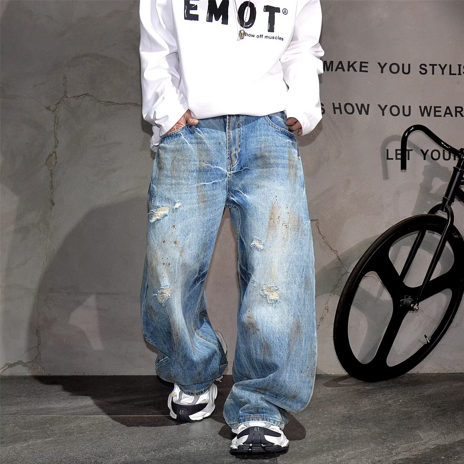 Summer New Trendy Retro High-end Washed Denim Loose Designer Pants Straight-leg Curved-cut Pants For Men