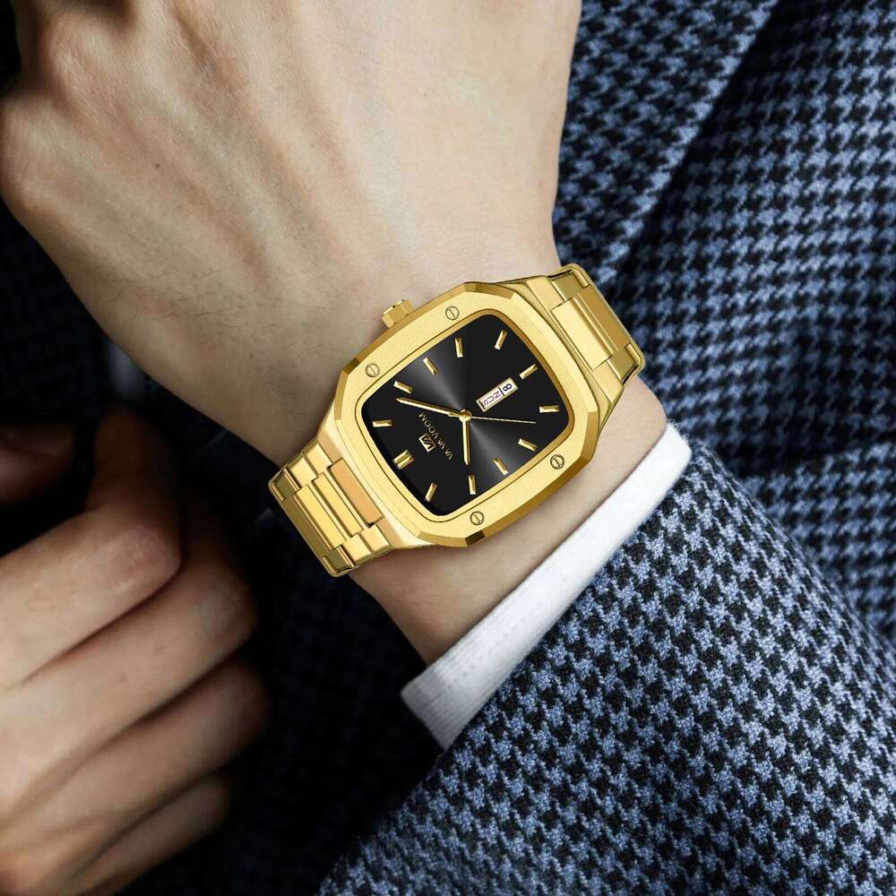 VA VOOM Brand Men Stainless Steel Original Square Style Blue Gold Dual Calendar Quartz Movement Business Watch