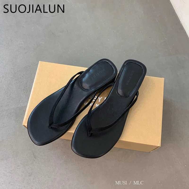 SUOJIALUN 2025 Summer New Women Slipper Fashion Narrow Band Ladies Elegant Outdoor Dress Slides Low Wedge Heel Flip Flops K260312
