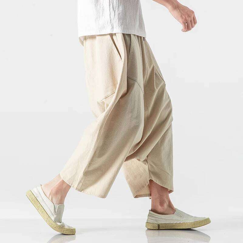 2023 Summer Plus Size Casual Harem Vintage Loose Cotton Linen Wide Leg Pants Men Elastic Waist Pantalones Trousers
