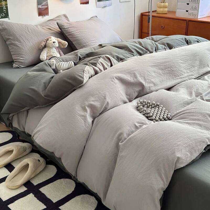 2025 washed cotton solid color four piece set for student dormitory bed sheets duvet covers, small and fresh brushed bedding H260312