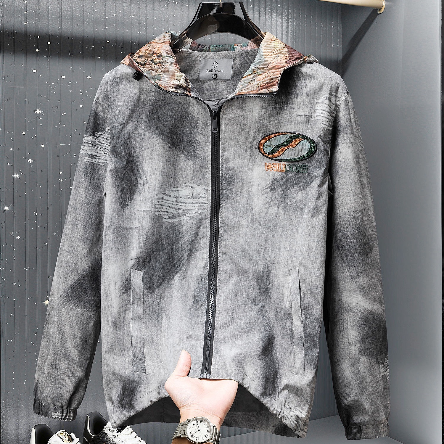 Luma hop 2025 New European and American Style Tie-Dye Men's Embroidered Hooded Jacket, High-End Trendy Brand, Lightweight Casual Autumn Jacket