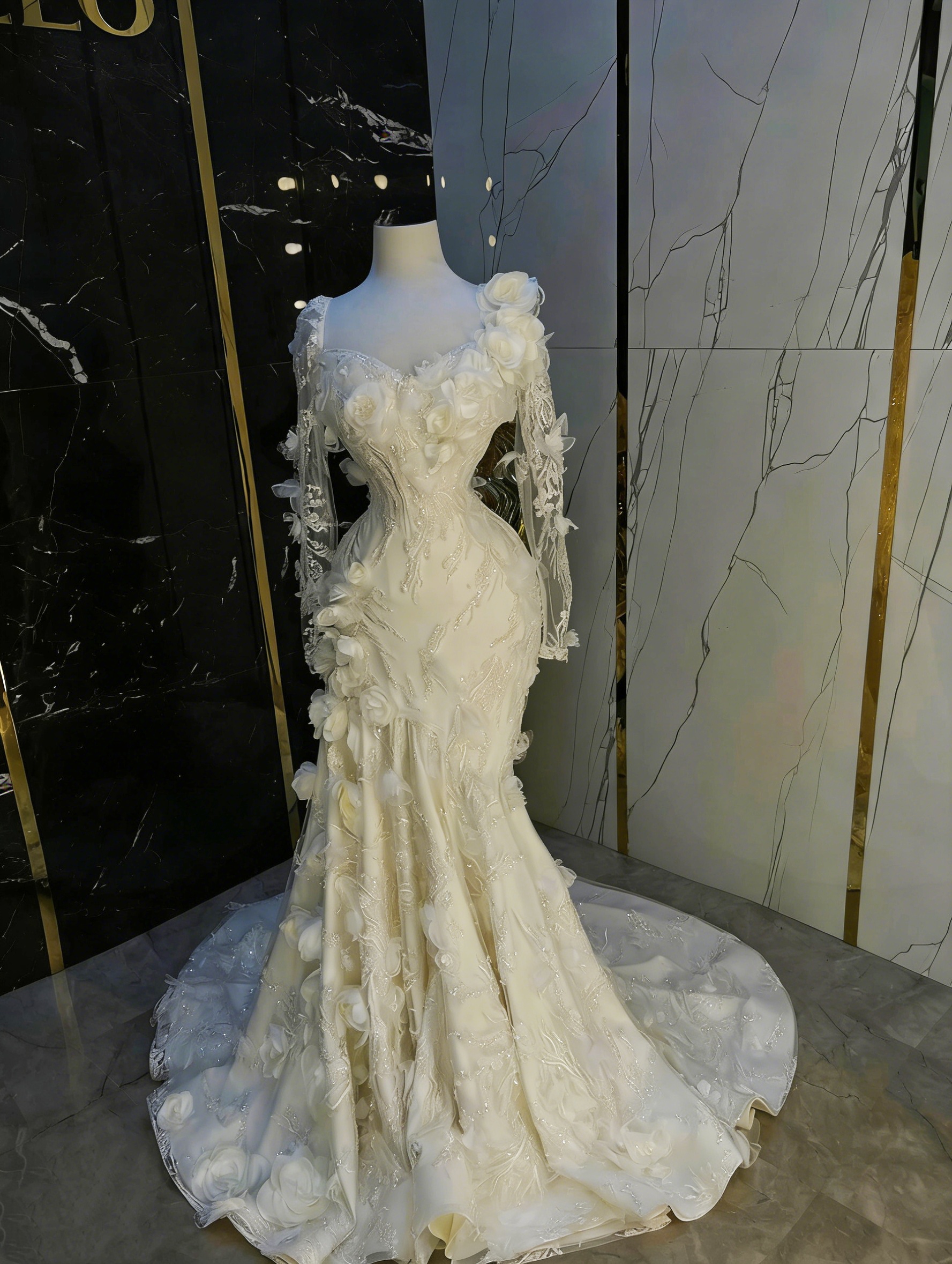 Graceful Mermaid Wedding Dress Sweetheart Neck Long Sleeves Bridal Gowns 3D Appliques Sequins Sweep Train Dresses Custom Made vestidos