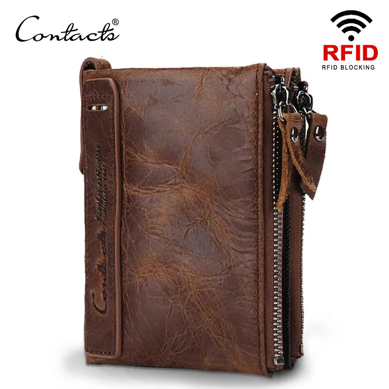 CONTACTS Genuine Crazy Horse Cowhide Leather Men Wallet Short Coin Purse Small Vintage Wallets High Quality er 260304