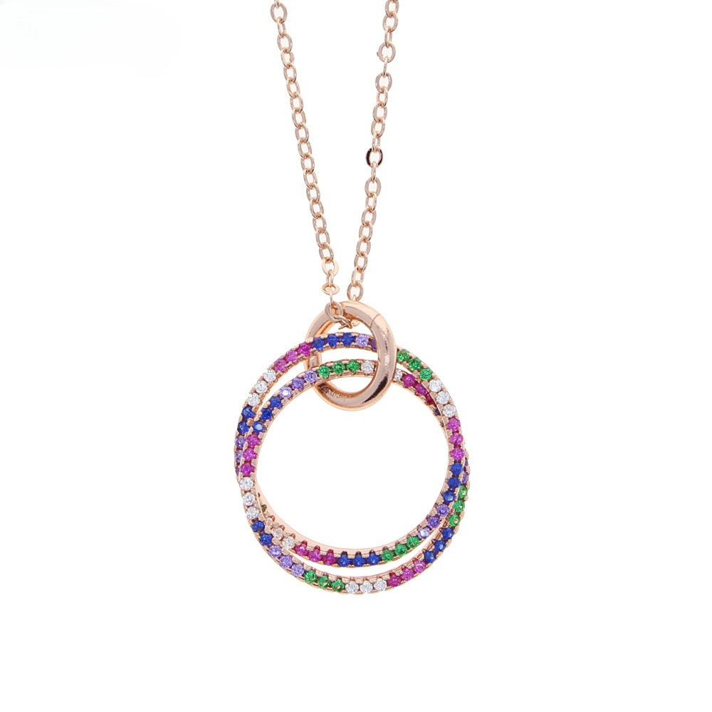 Colorful Rose Gold Plated Double Ring Necklace Rainbow Gradient Color Inlaid With Zircon Fashionable And Versatile Boutique Gift