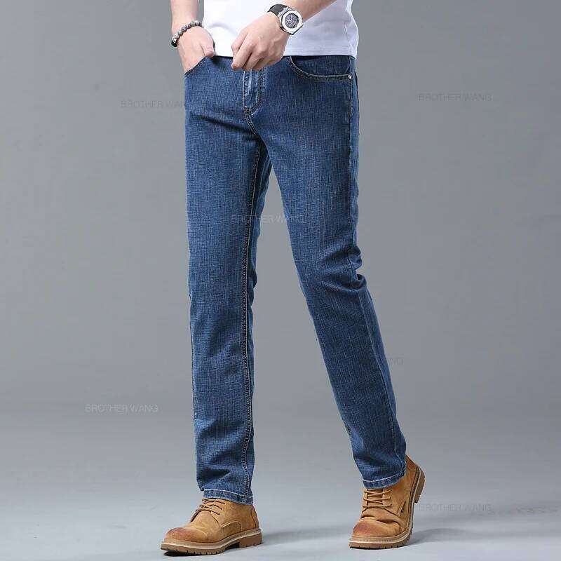 Spring Men's Light Blue Slim Jeans Stylish Casual Stretch Fabric Denim Pants Classic Trousers Smoke Gray 26Y0312