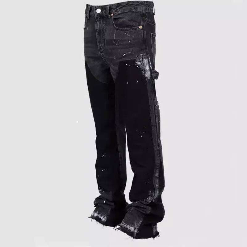 Y2k Men Painting Baggy Fashion Work Wear Popular Stretch Patch Denim Stacked Flare Jeans Pants 26Y0312