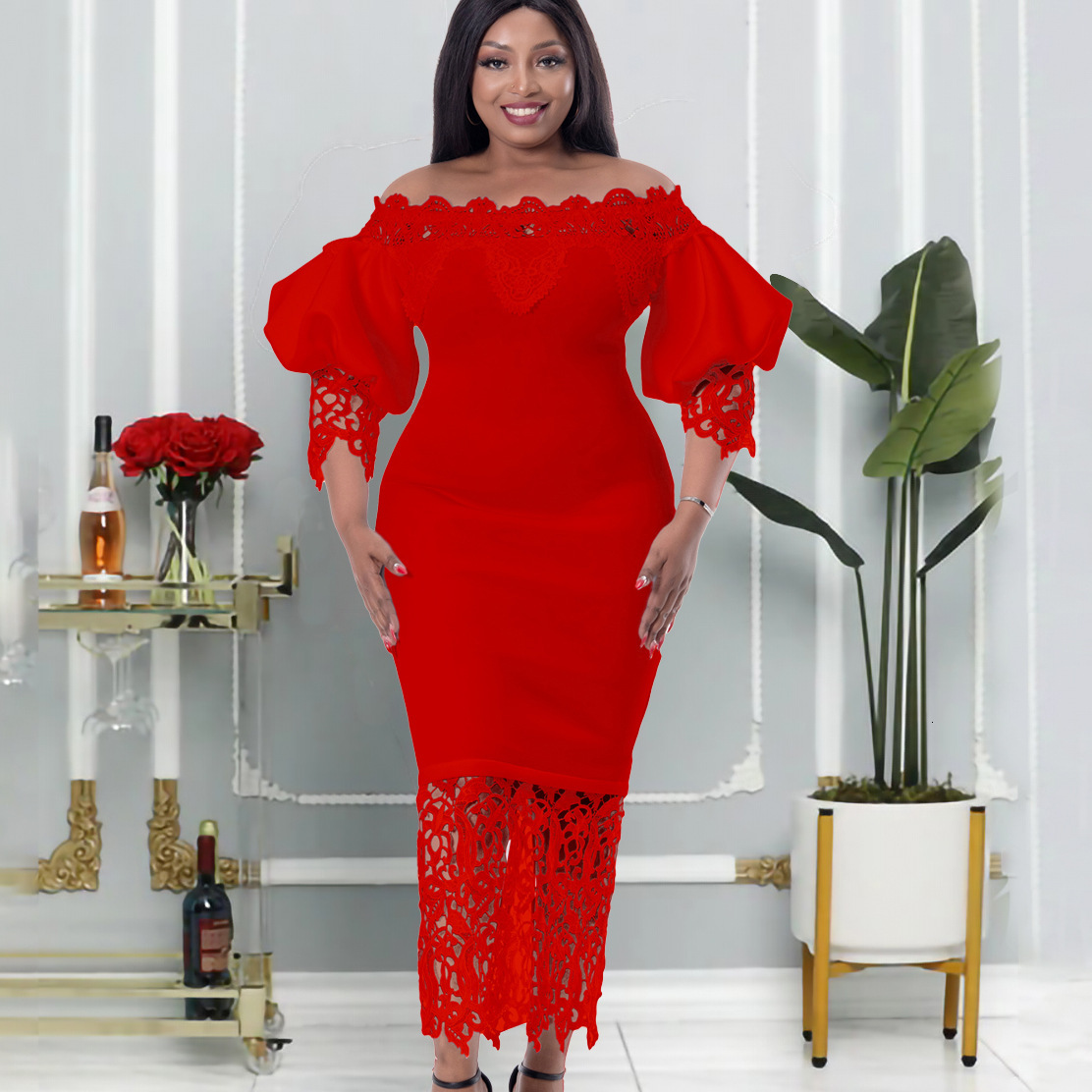 D247 New Off-Shoulder Bodycon Lace Patchwork Lantern Sleeve Dress