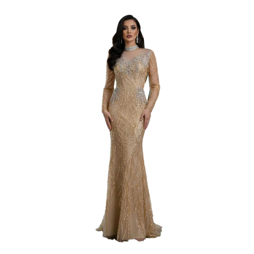 Luxury Muslim Bead Mermaid Evening Dress for Women High Neck Long Sleeves Formal Prom Party vestidos de fiesta elegantes
