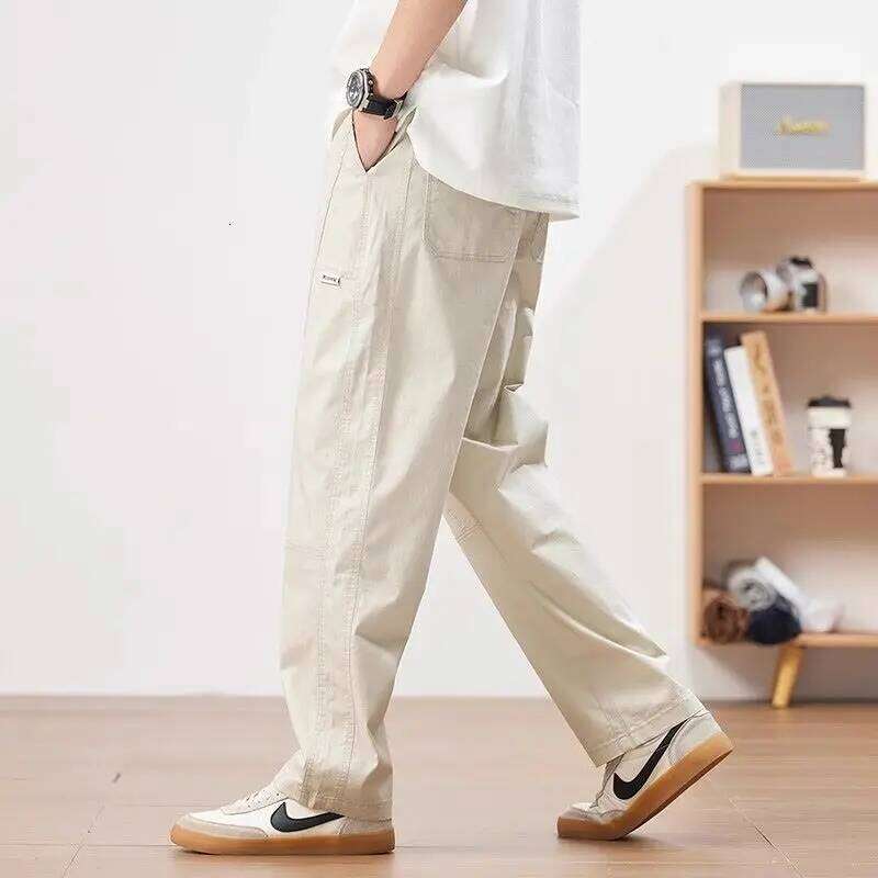 Beige for Men Spring and Autumn Cotton Trendy Versatile Straight Casual Pants American Loose Fashion Trousers