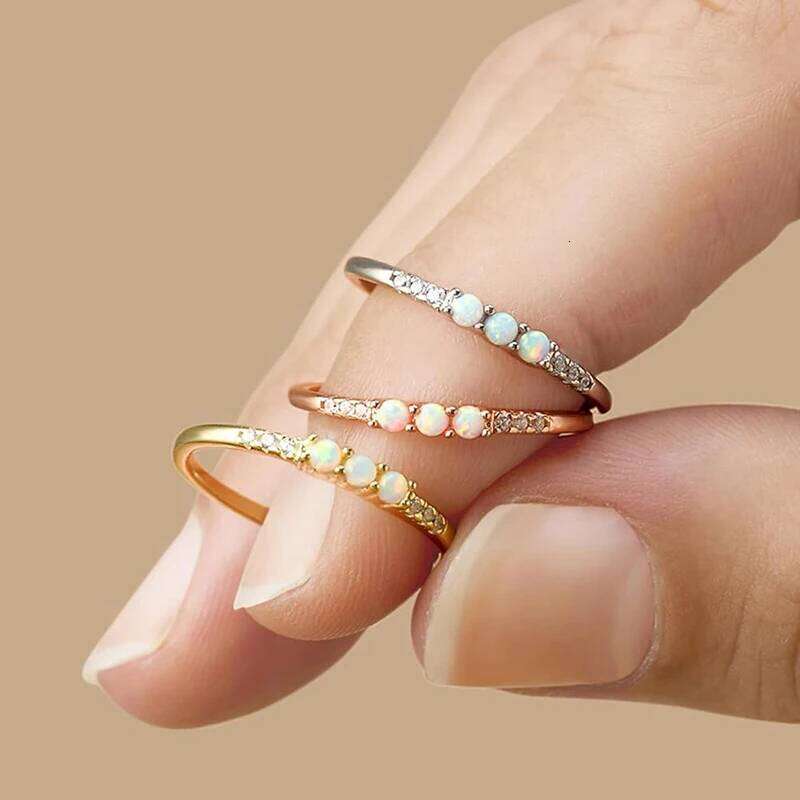 Huitan Trendy Shiny Zirconia Thin Ring Lady Versatile Jewelry Women Simulated Opal Finger Accessories for Daily Wear H260312