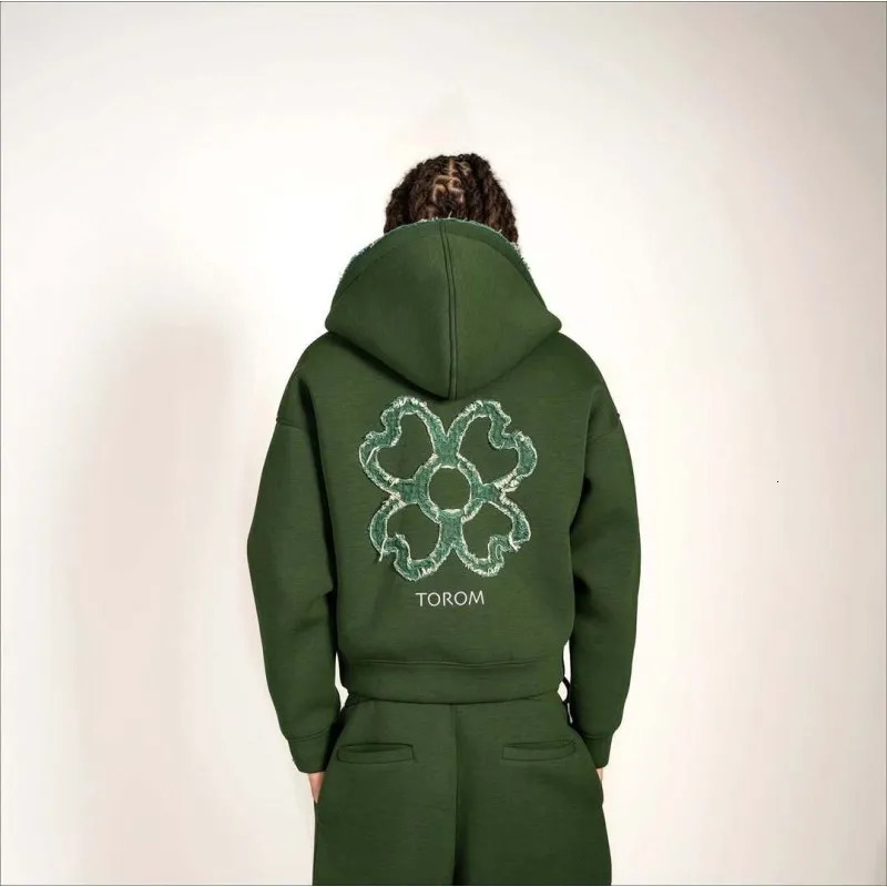 Olive Green Embroidered Zip Hoodie Pants Set Men Streetwear Trendy Loose Casual 2-Piece Tracksuit Fashion 260311