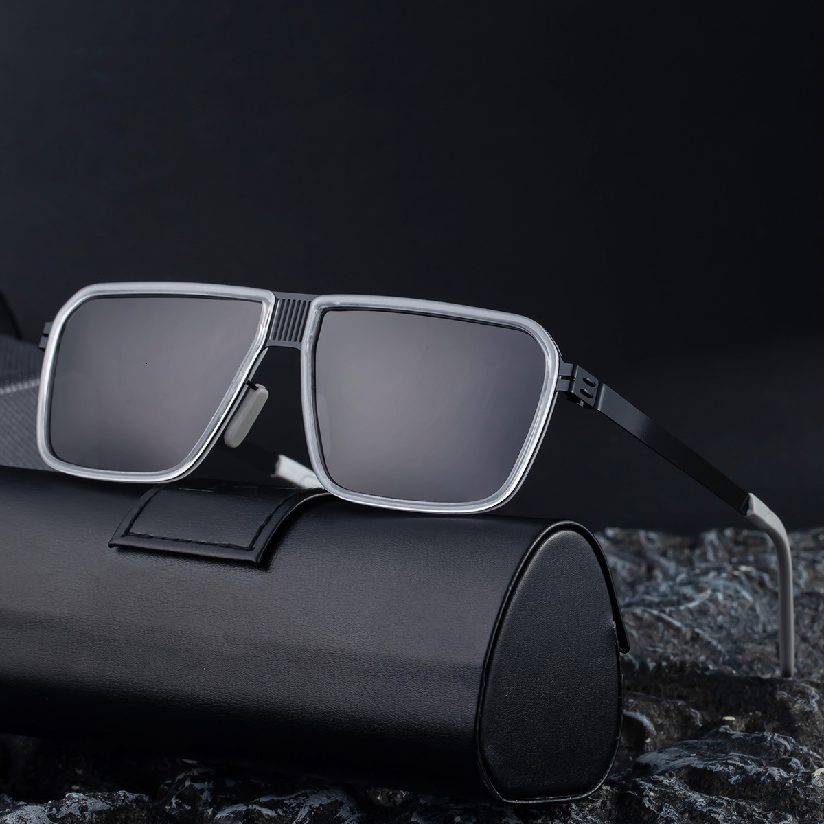 New vintage double-bridge sunglasses men, stainless steel square frame, high-end feel, polarized glasses for driving, available in bulk